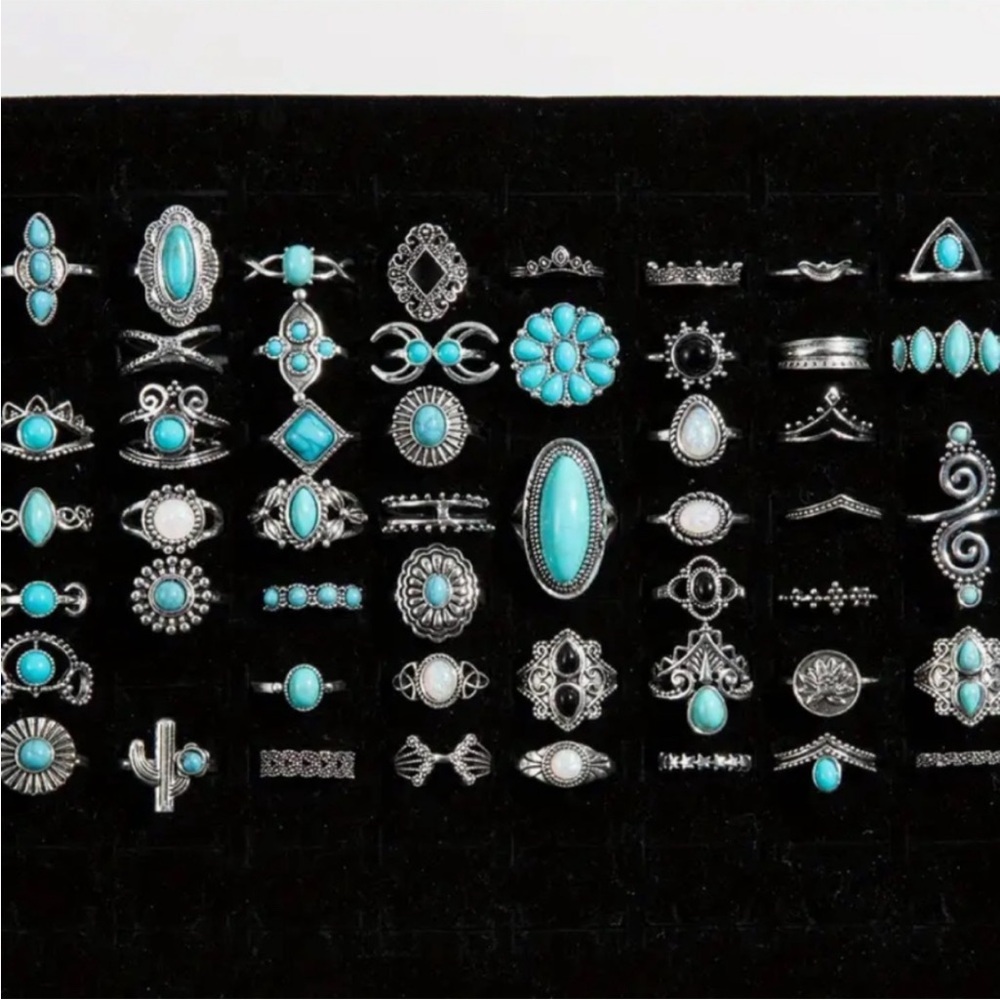 50 Piece Vintage Style Boho Chic Turquoise Ring Set